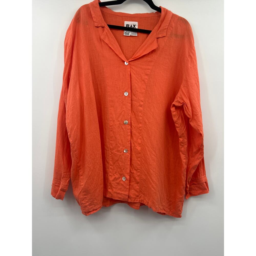 Flax Women’s Orange Button Down Linen Top Size L Lagenlook Lightweight Resort